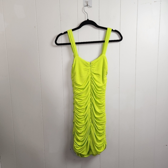 Zara Ruched Bodycon Sexy Mini Dress Cutout Neon Green Club Summer Size Small - Picture 5 of 10